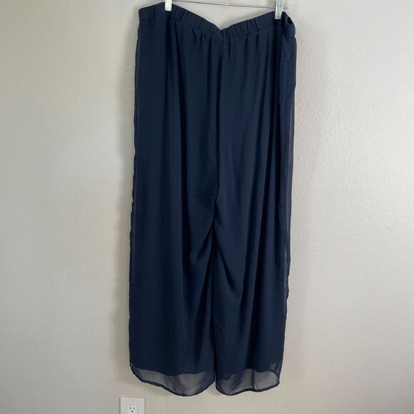 Ulla Popken Womens Plus 24/26 Navy Blue Wide Leg Chiffon Pants Elastic Waist - Picture 6 of 6